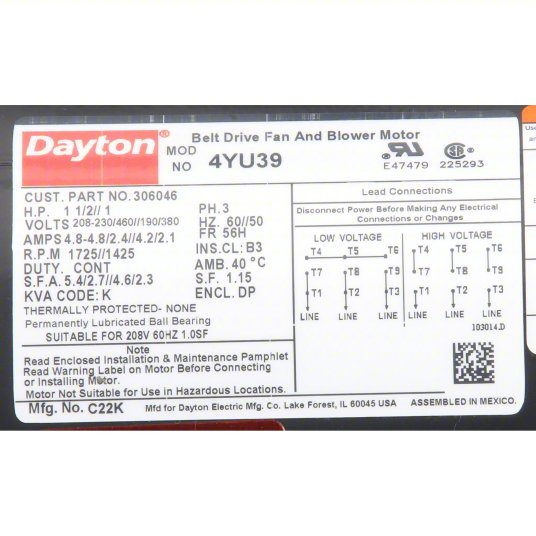 DAYTON Direct Drive Blower Motor: 1 Speed, Open Drip Proof, Rigid Base Mount, 1 1/2 hp Horsepower